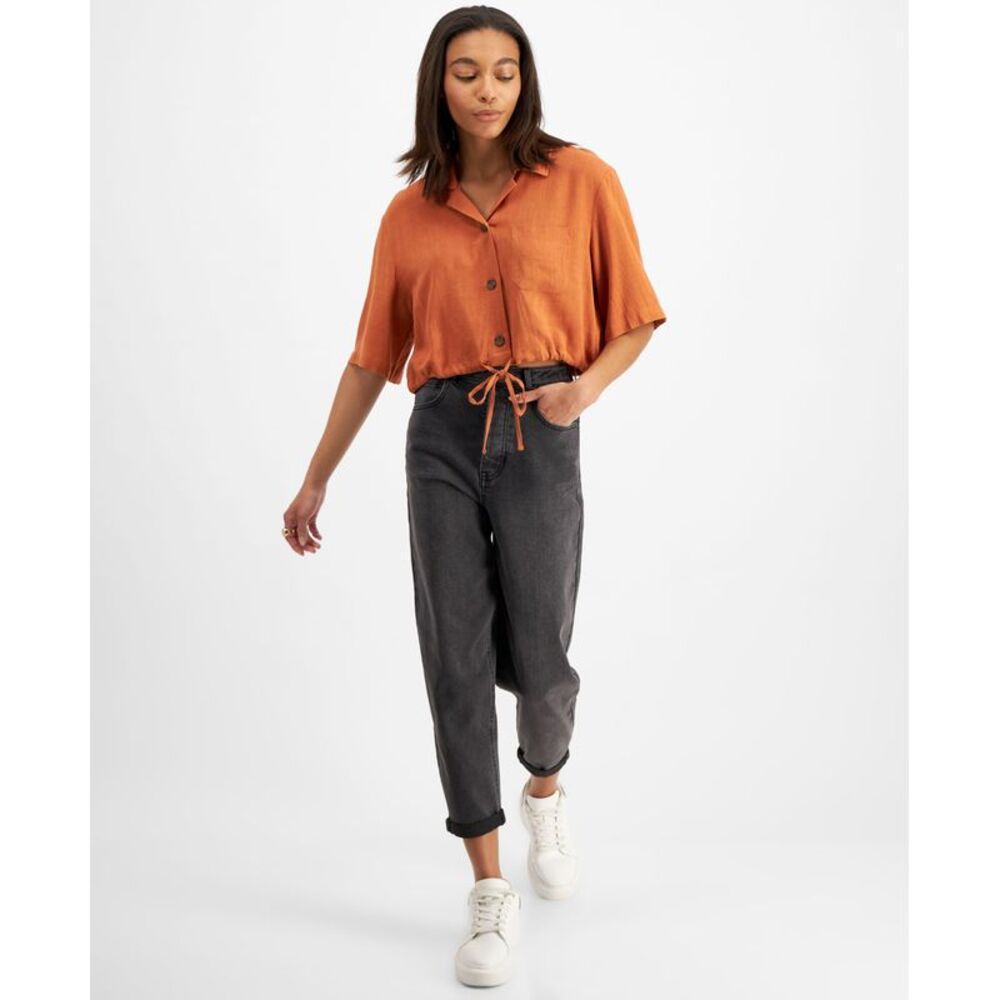And Now This Now This Womens Tie Hem Cropped Shirt